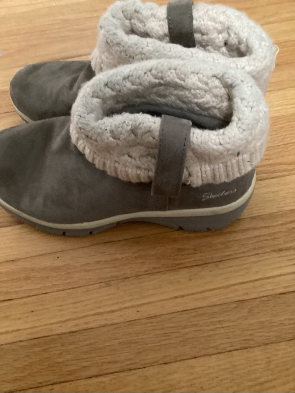 Skechers Women's Gray Suede-Look Sherpa Cuff Boot Slippers